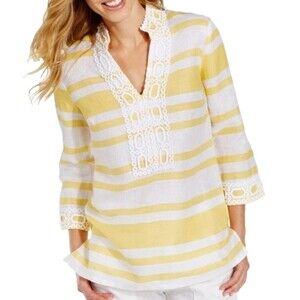 Linen Charter Club Luxury Tunic Top Womens L Yellow White Striped Coastal EUC
